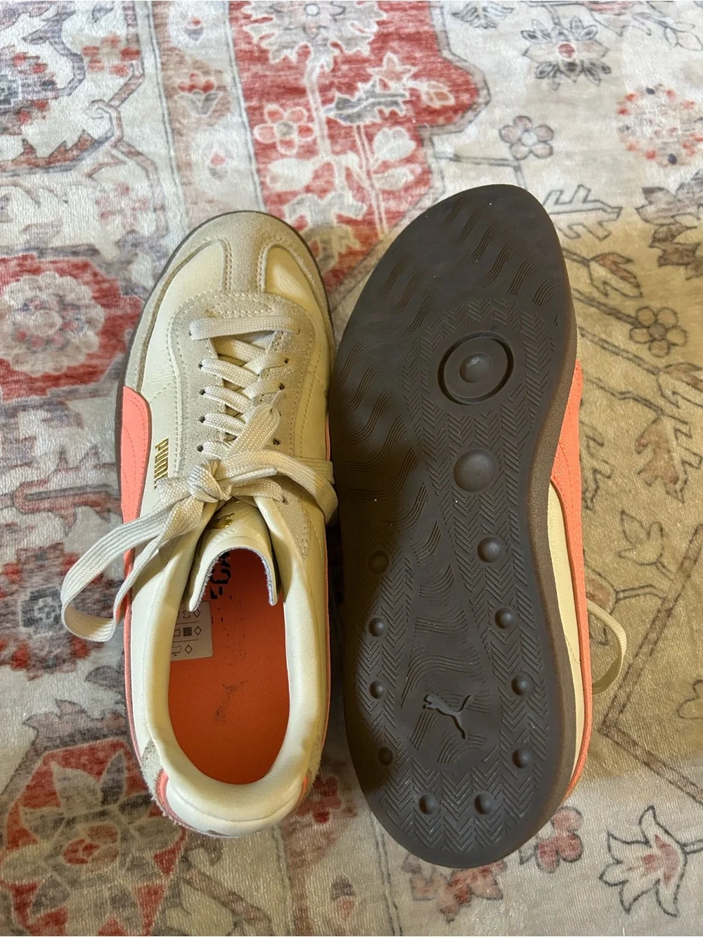Puma Cream Sneakers with Coral Side Stripe and Brown Sole